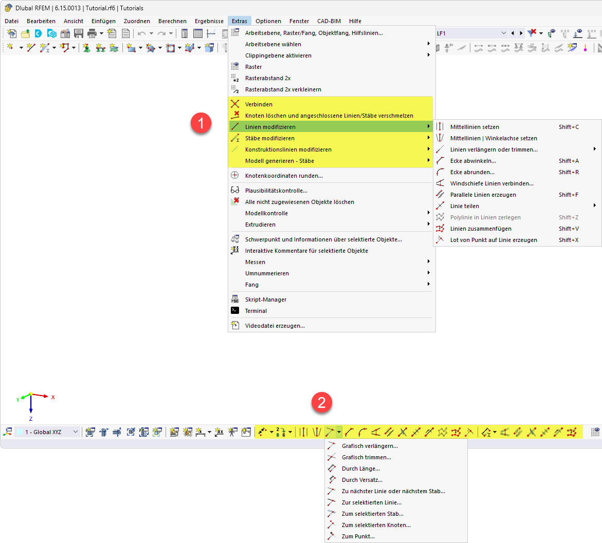 Modellierungstools im Menü 'Extras' und Schaltflächen in CAD-Symbolleiste
