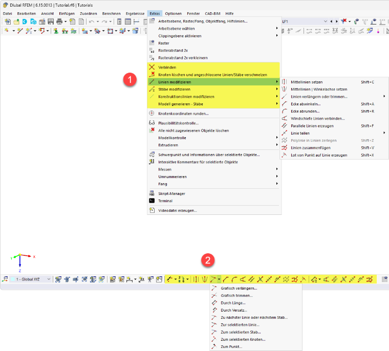 Modellierungstools im Menü 'Extras' und Schaltflächen in CAD-Symbolleiste