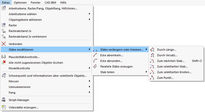 Menüfunktionen zum Verlängern oder Trimmen von Stäben
