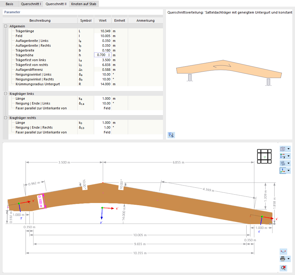 Parameter eines asymmetrischen Satteldachträgers mit Kragarmen festlegen