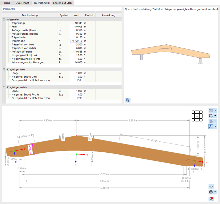 Parameter eines asymmetrischen Satteldachträgers mit Kragarmen festlegen