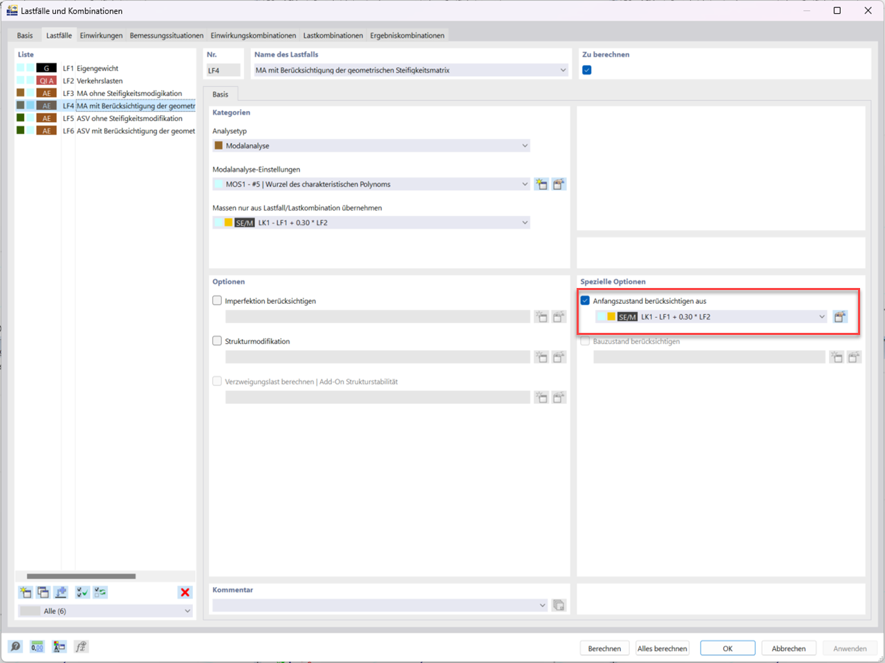 Auswahl des gewünschten Anfangszustandes im Modalanalyse-Lastfall (KB1867)