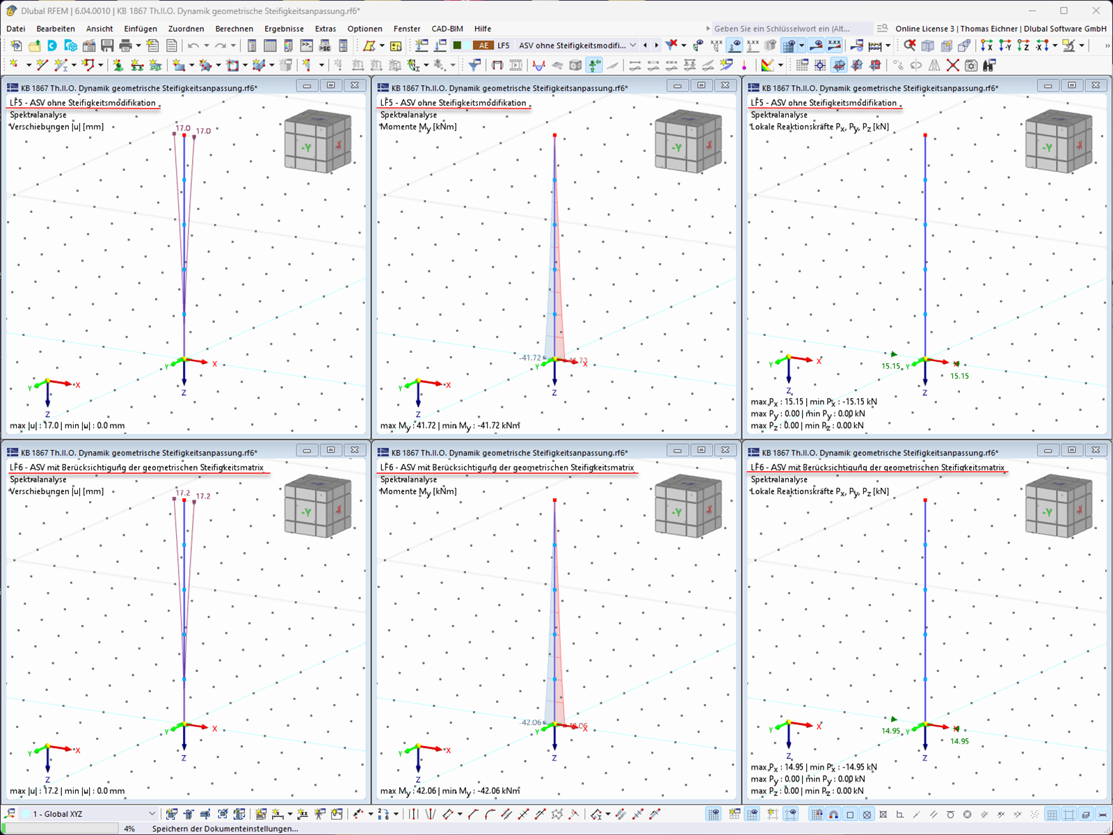 Ergebnisvergleich ohne Berücksichtigung der geometrischen Steifigkeitsmatrix (oben) und mit Berücksichtigung (unten) (KB1867)