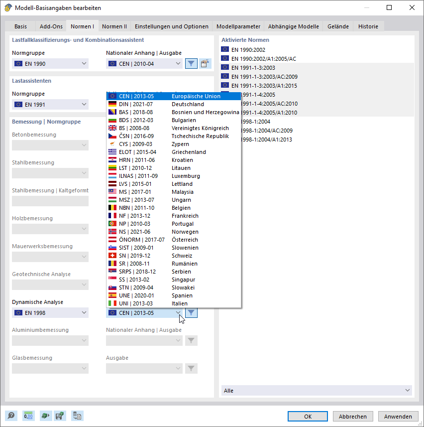 Auswahl der Norm und des nationalen Anhangs für die dynamische Analyse