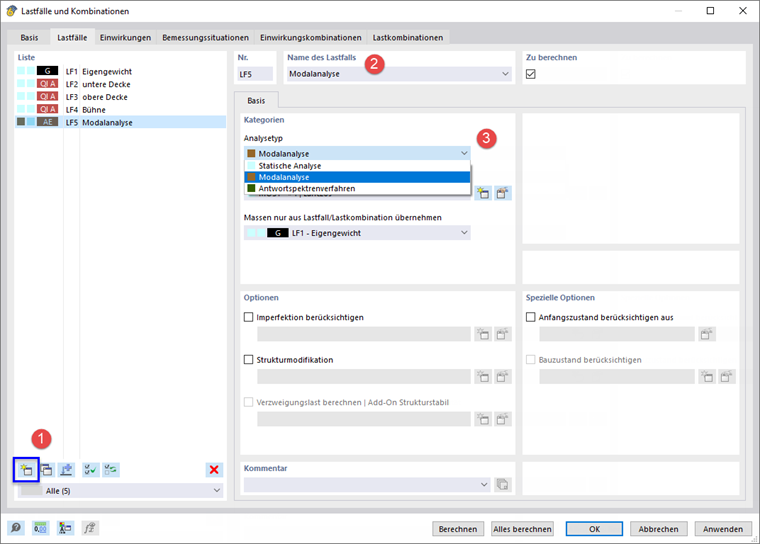 Anlegen des Modalanalyse-Lastfalls
