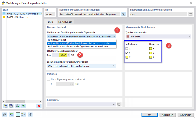Anpassen der Modalanalyse-Einstellungen