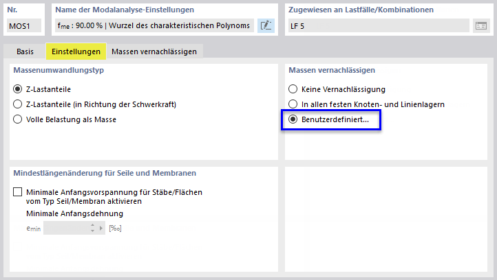Spezifische Einstellungen zur Vernachlässigung von Massen