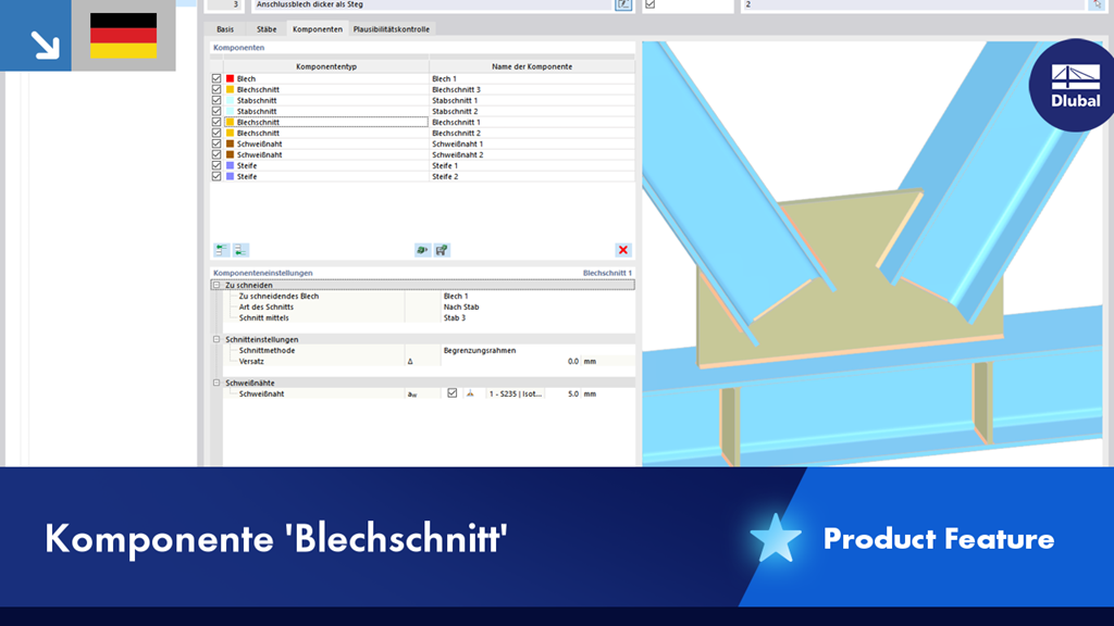 Detail eines Stahlprofilschnitts mit technischer Zeichnung und Verbindungselementen.