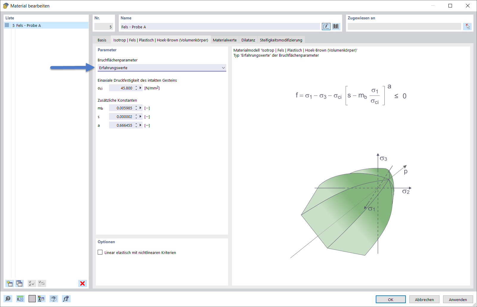 Eingabedialog - Hoek-Brown Modell - Erfahrungswerte