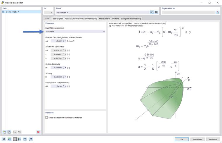 Eingabedialog - Hoek-Brown Modell - GSI-Werte