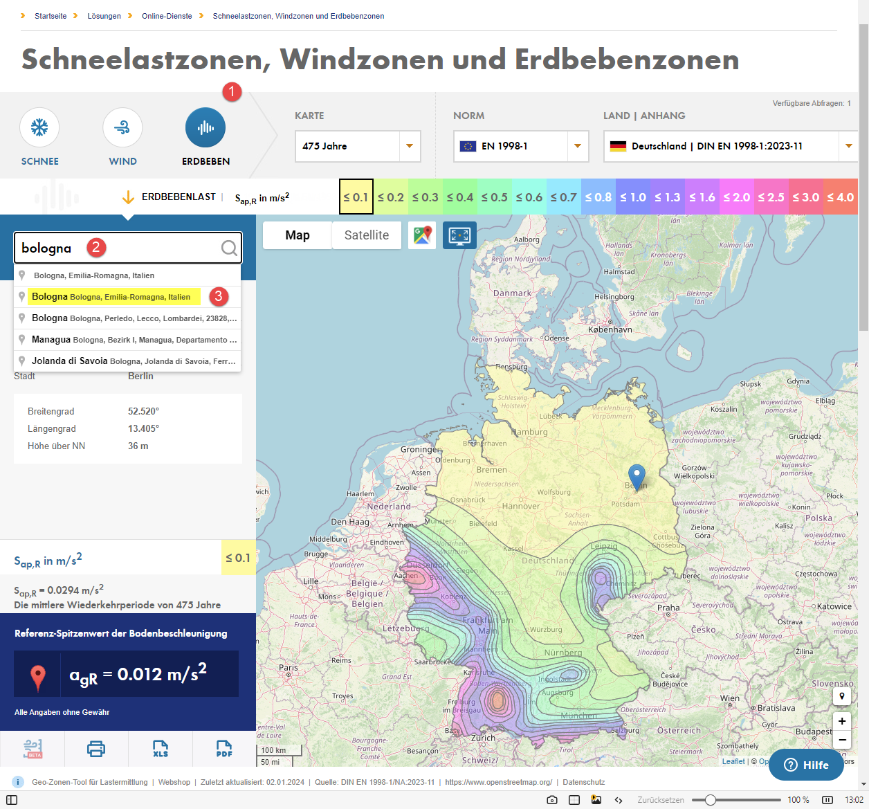 Auswahl des Ortes in der Erdbebenzonenkarte