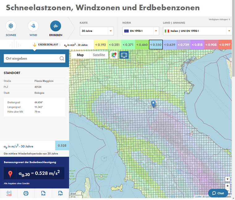 Bemessungswert der Bodenbeschleunigung für Bologna/Italien