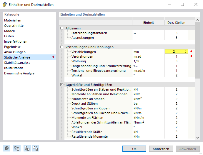 Anpassen der Dezimalstellen für Verformungen