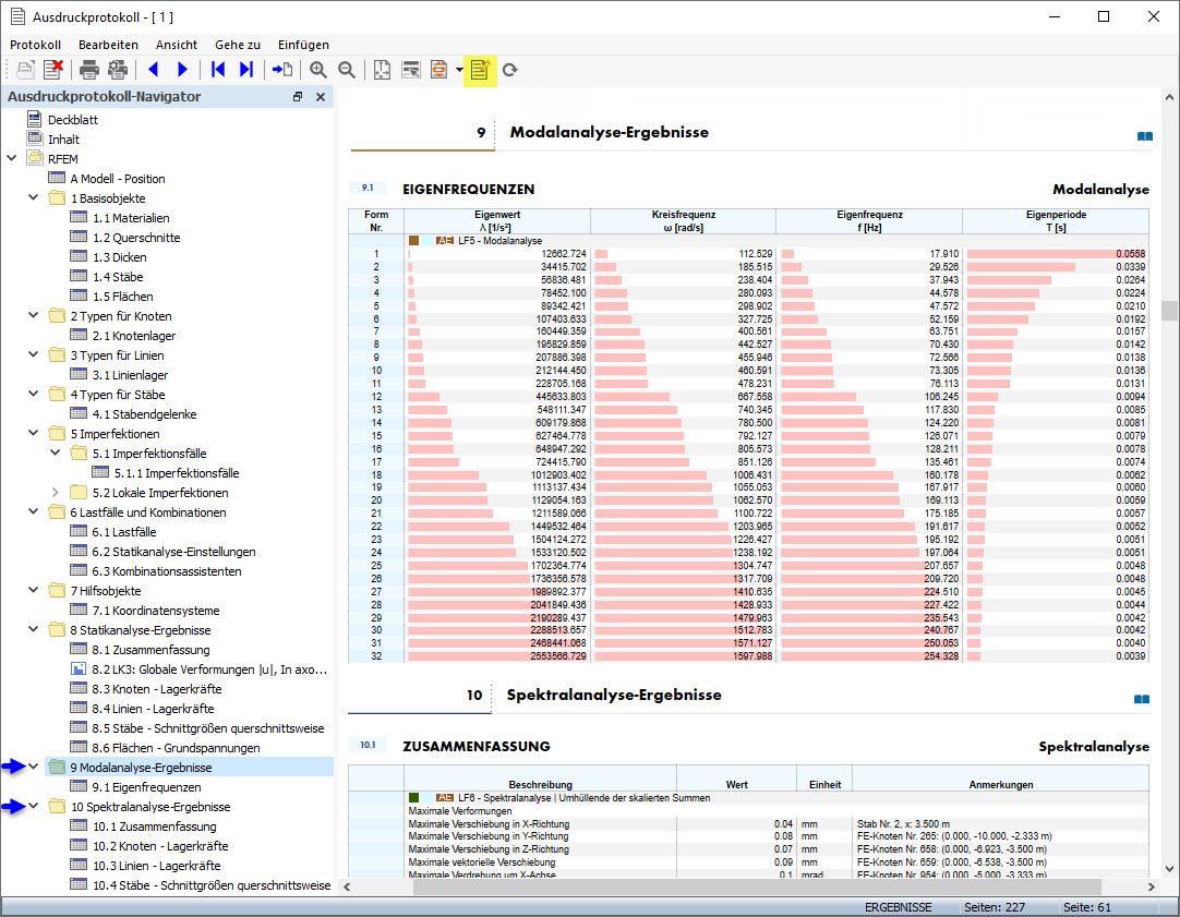 Ergebnisse der Modalanalyse und Spektralanalyse im Ausdruckprotokoll