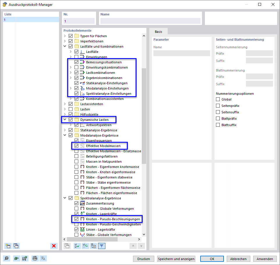 Einfügen von Daten aus dynamischen Analysen in das Ausdruckprotokoll