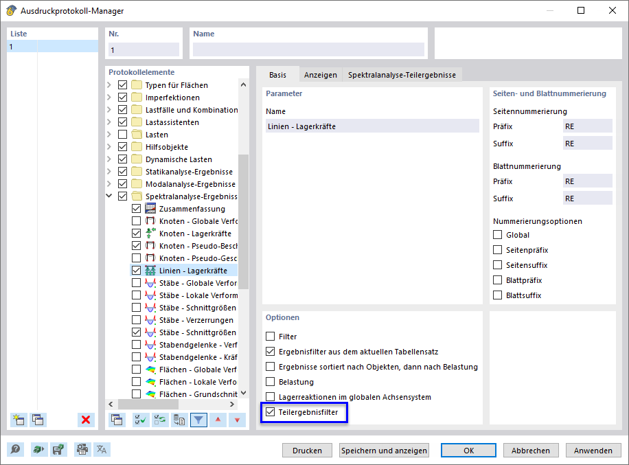 Aktivieren des Teilergebnisfilters für Druckdaten