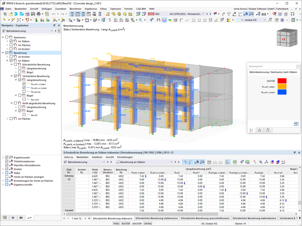 Analyse der Bewehrung an Betonstäben mit RFEM, zeigt detaillierte Ergebnisse.