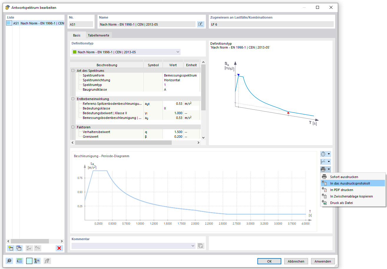 Drucken des Antwortspektrums in das Ausdruckprotokoll