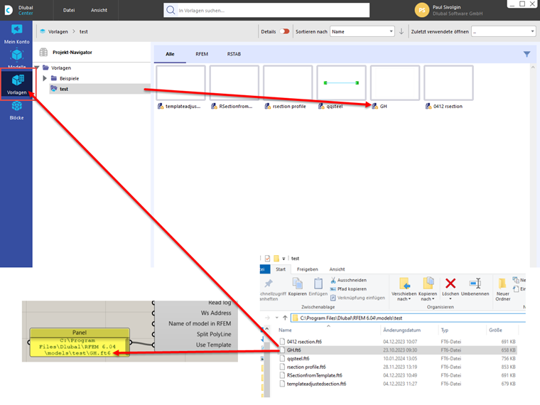 Vorlage im Dlubal-Center mit einem Projekt verknüpft