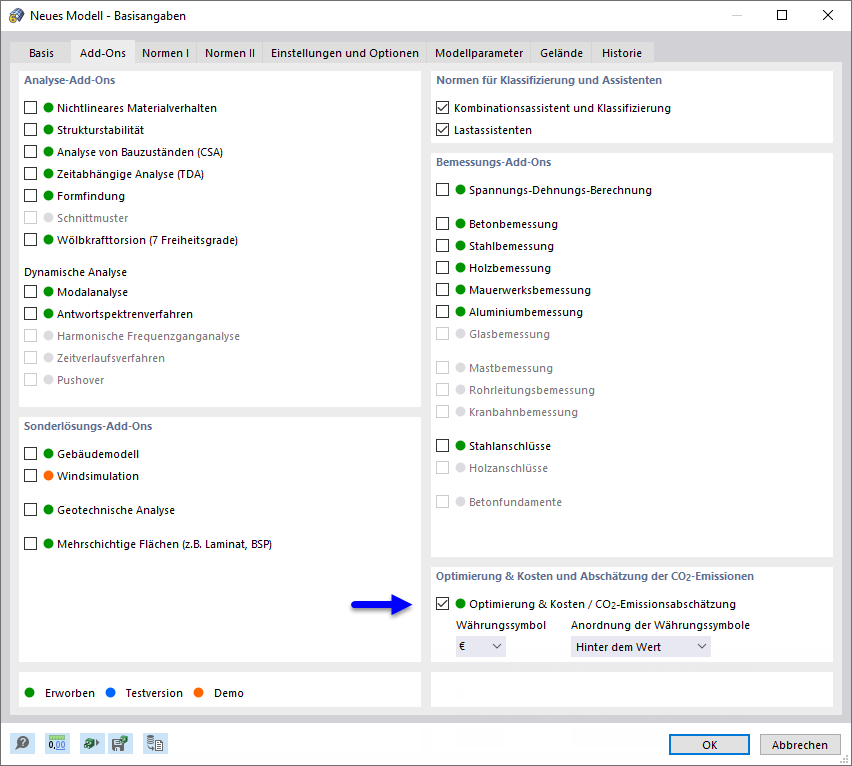 Add-On 'Optimierung & Kosten / CO2-Emissionsabschätzung' aktivieren