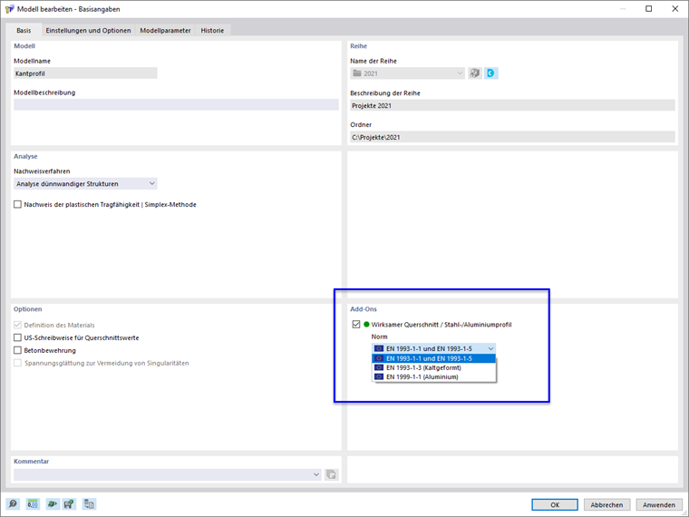 Add-On mit Optionen für Ermittlung der wirksamen Querschnittswerte