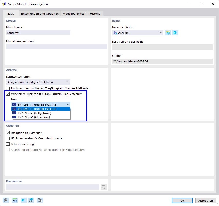 Optionen für Ermittlung der wirksamen Querschnittswerte