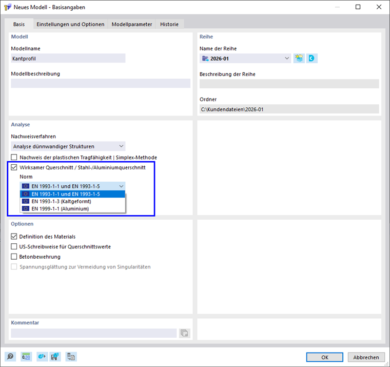 Optionen für Ermittlung der wirksamen Querschnittswerte