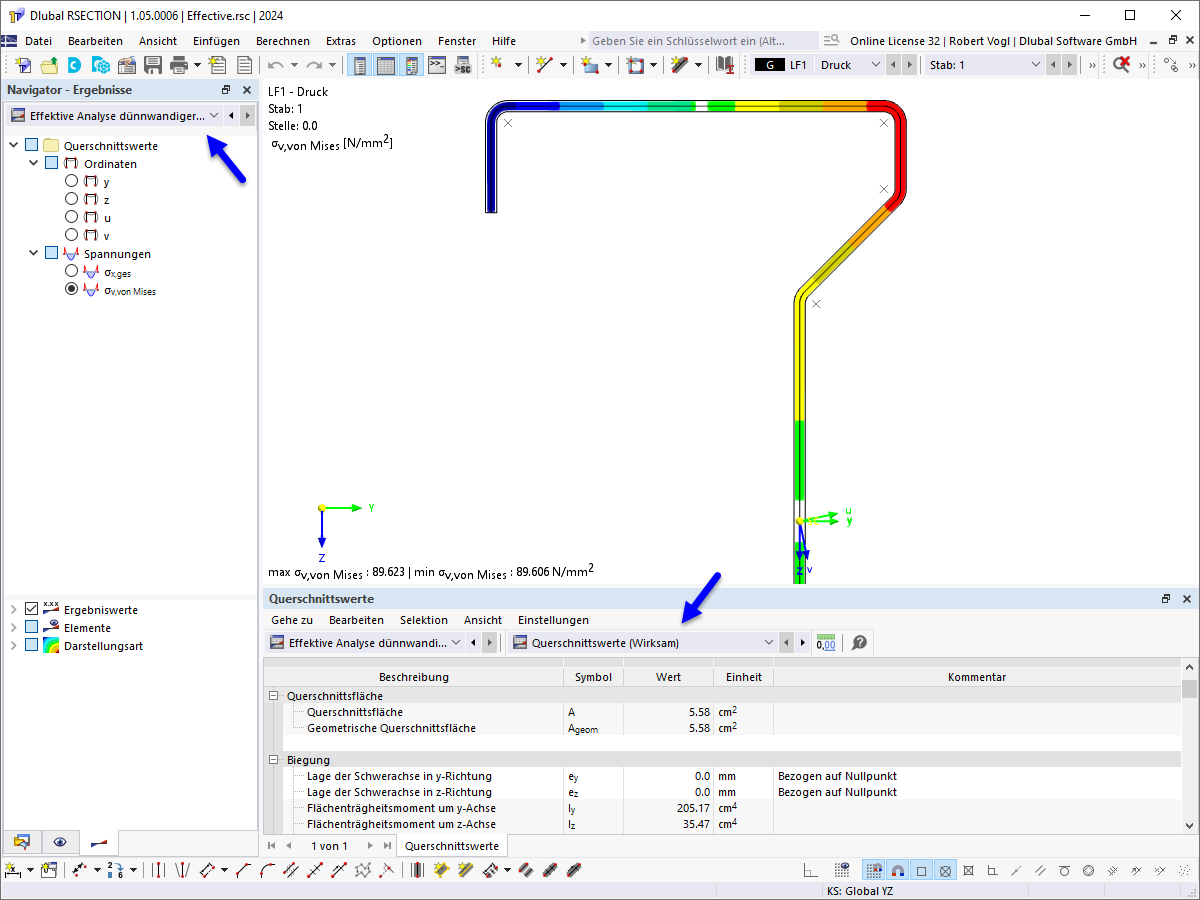 Querschnitswerte und Spannungen des wirksamen Querschnitts