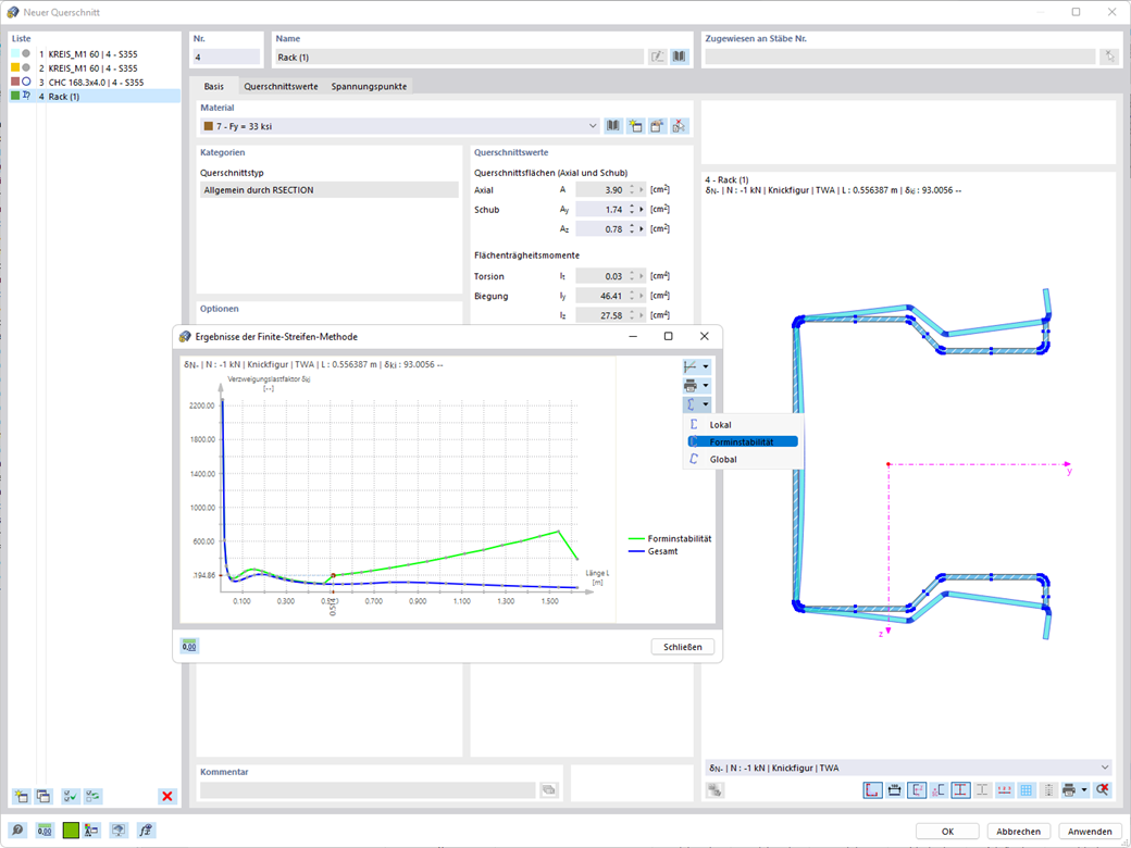 Ergebnisse der Finite-Streifen-Methode für einen dünnwandigen Querschnitt in RFEM