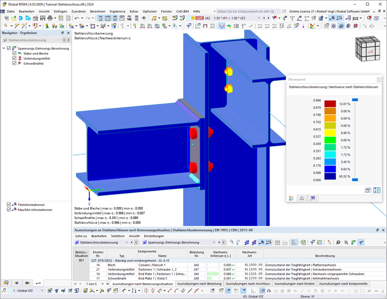 Ergebnisse der Stahlanschlussbemessung in Tabellen und Grafik