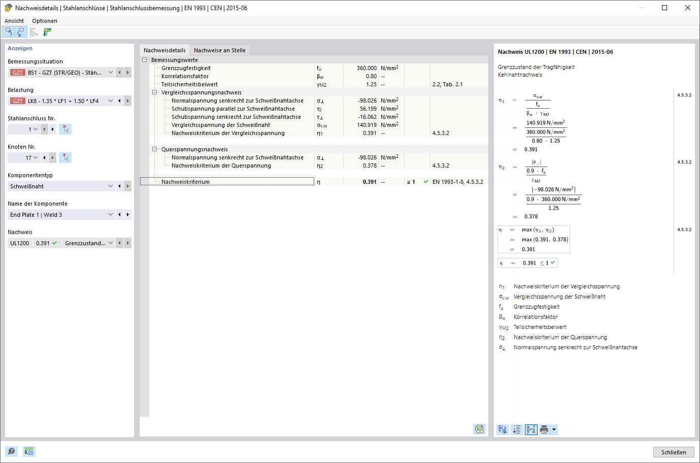 Nachweisdetails des Kehlnahtnachweises