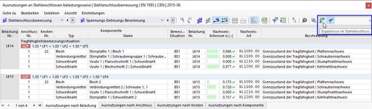 Schaltfläche 'Ergebnisse im Stahlanschluss' in Tabellen-Symbolleiste
