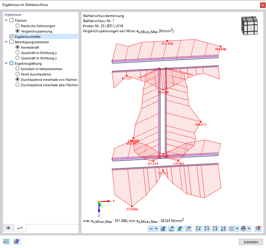 Vergleichsspannungen der Ergebnisschnitte für Schweißnähte