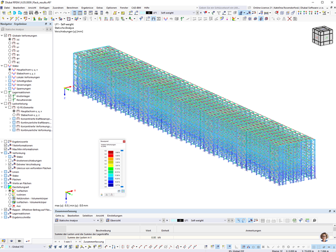 RFEM-Modell des Regallagers mit Verformungsergebnissen