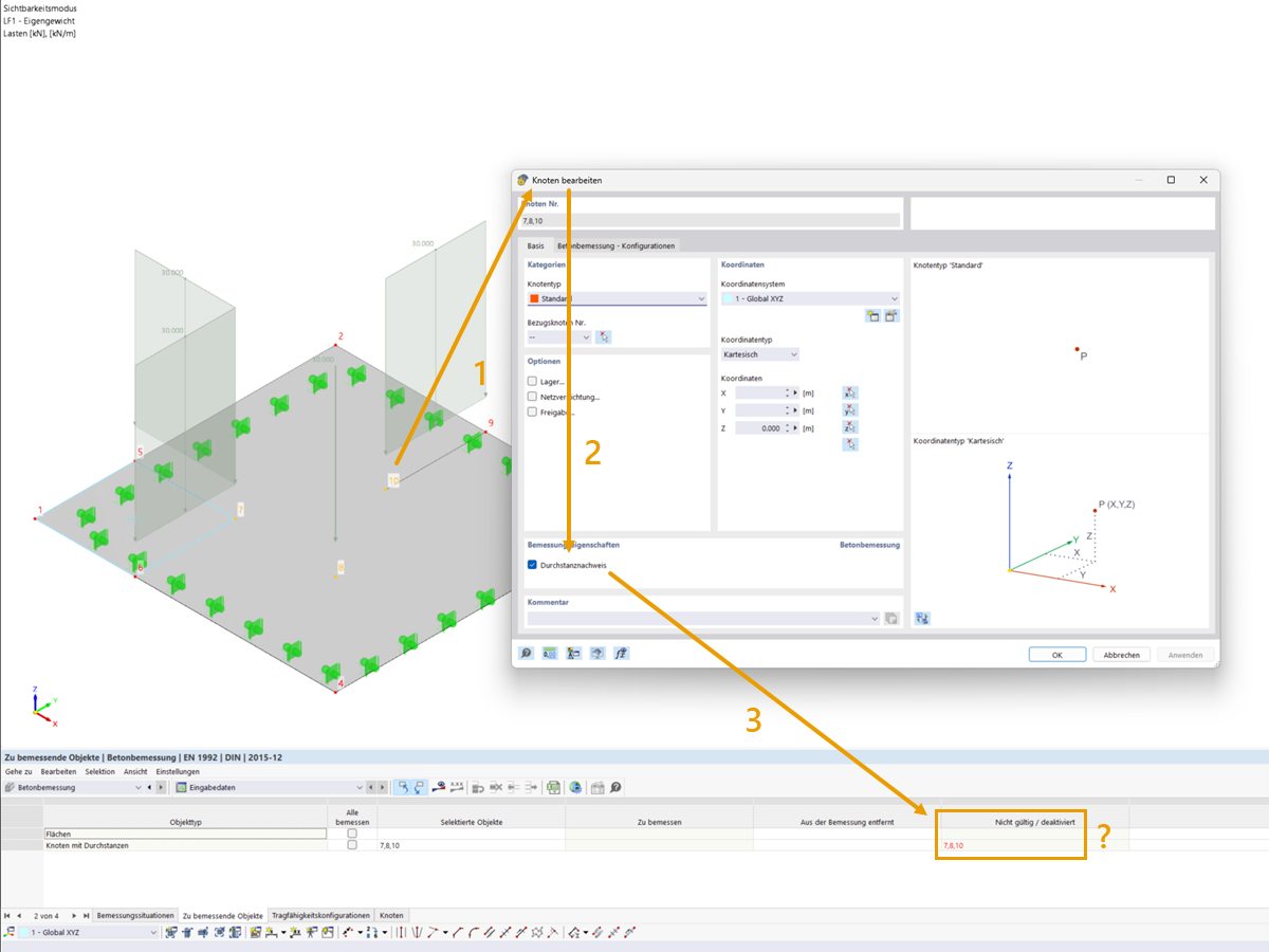 FAQ 005472 | In der Tabelle der zu bemessenden Objekte des Add-Ons Betonbemessung werden Durchstanzknoten in der Spalte nicht gültig/deaktiviert aufgelistet, obwoh