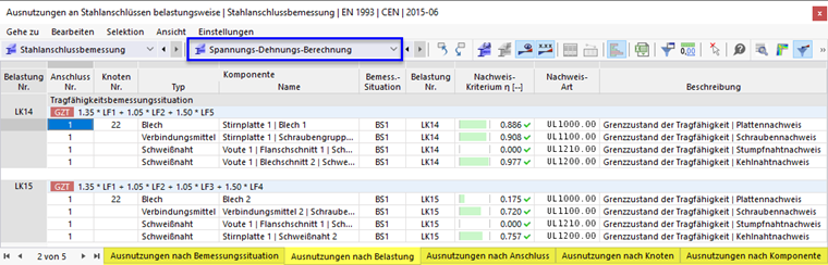 Ergebnistabellen 'Spannungs-Dehnungs-Berechnung' für Stahlanschlussbemessung