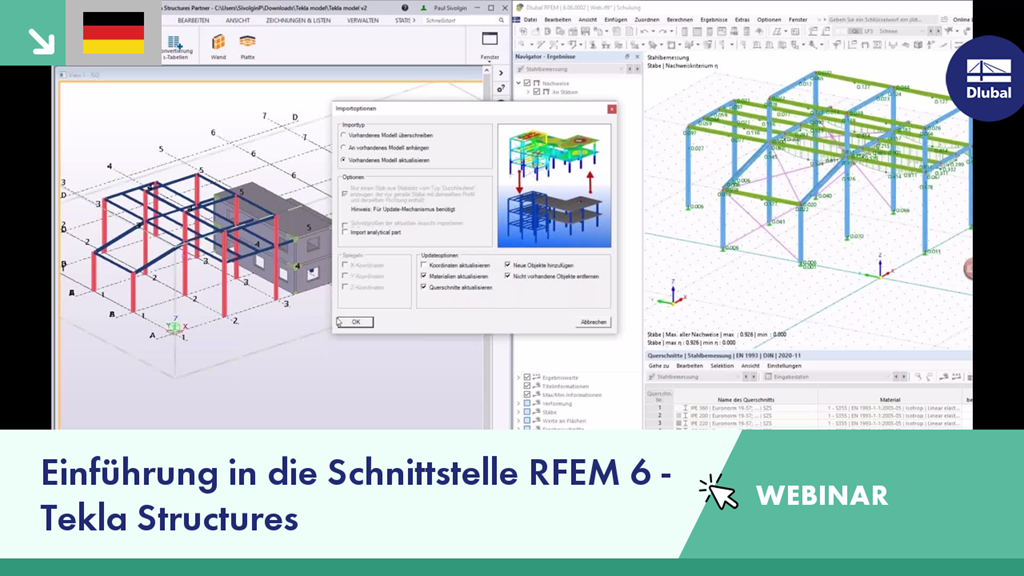 Darstellung der Schnittstellen-Funktionalitäten zwischen RFEM 6 und Tekla Structures im Webinar.