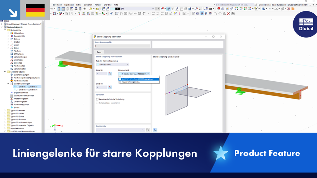 Darstellung von Liniengelenken, die zur starren Kopplung von Bauteilen genutzt werden