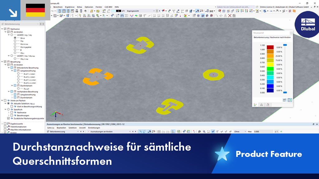 Durchstanznachweise für verschiedene Querschnittsformen in einer statischen Analyse detailliert dargestellt.