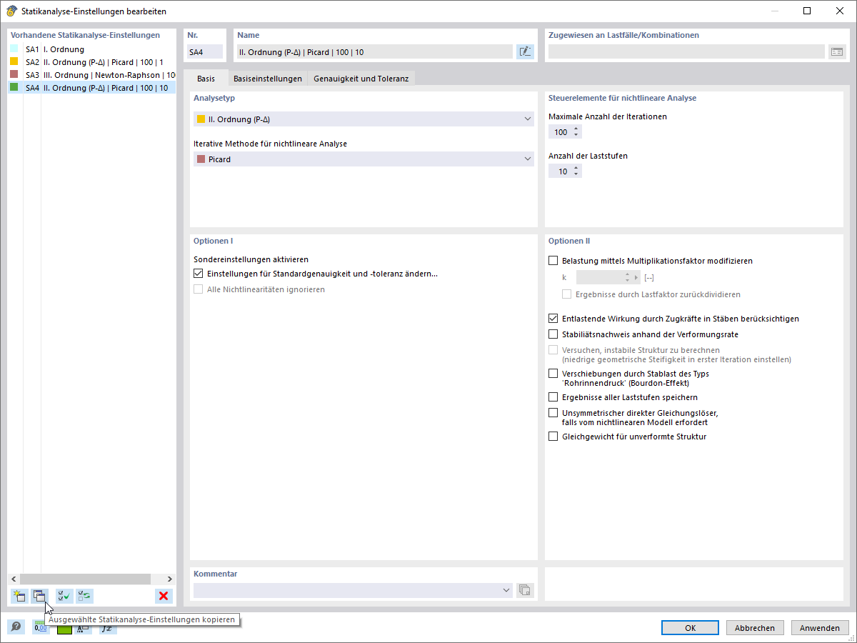Statikanalyse-Einstellungen bearbeiten
