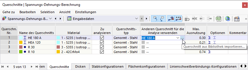 Anderen Querschnitt aus Bibliothek importieren