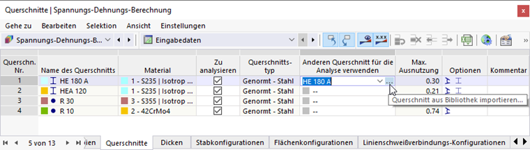 Anderen Querschnitt aus Bibliothek importieren
