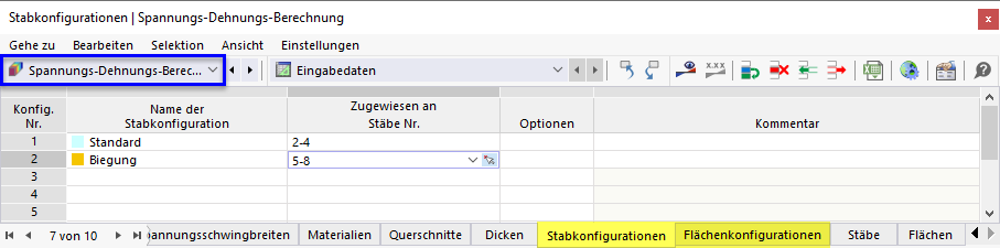 Stabkonfiguration in Tabelle zuweisen