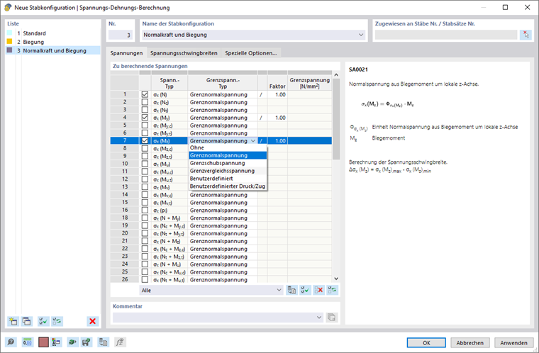 Dialog 'Stabkonfiguration': Zu berechnende Spannungen festlegen