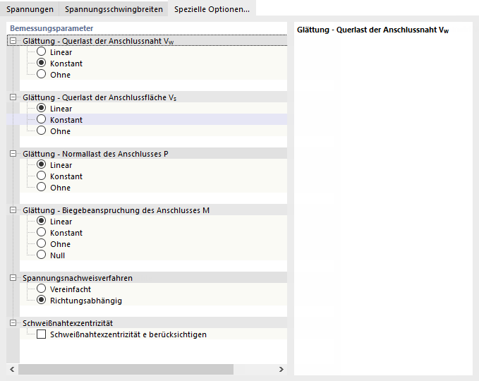 Dialog 'Linienschweißverbindungs-Konfiguration': Spezielle Optionen festlegen
