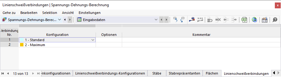 Tabelle 'Linienschweißverbindungen' für Spannungs-Dehnungs-Berechnung