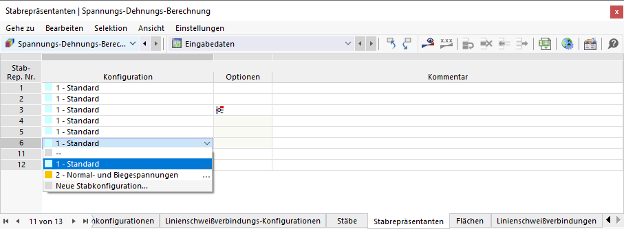 Tabelle 'Stabrepräsentanten' für Spannungs-Dehnungs-Berechnung