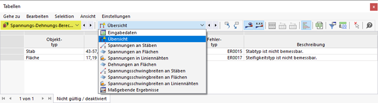 Ergebnistabellen für Spannungs-Dehnungs-Berechnung