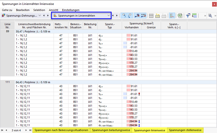 Ergebnistabellen 'Spannungen in Liniennähten' für Spannungs-Dehnungs-Berechnung