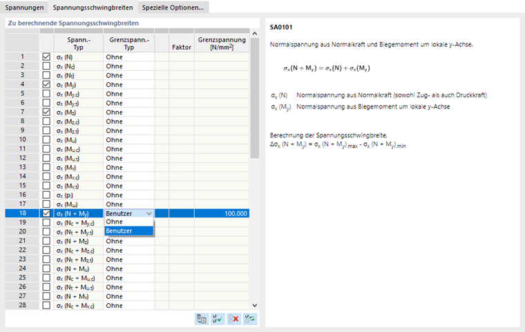 Zu berechnende Spannungsschwingbreiten festlegen